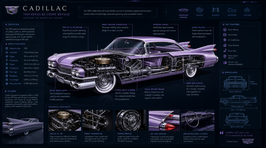 Editorial cutaway infographic of a 1959 pink Cadillac Eldorado — labeled diagrams for engine, suspension, fins, chrome trim, and interior, neon-noir purple and pink palette, retro-futurist magazine spread layout.