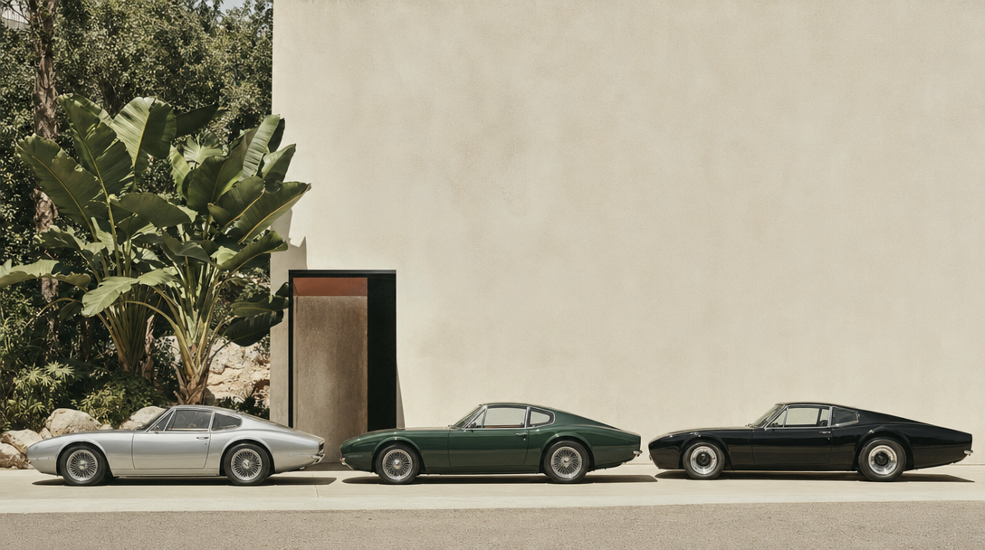 Three vintage Italian grand tourers (silver, dark green, black) parked nose-to-tail against a sun-warmed white stucco wall, single banana palm framing the left edge, soft California afternoon light, architectural digest aesthetic.