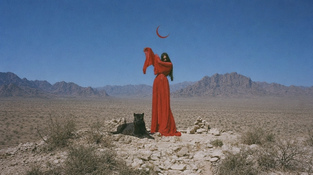 Surreal editorial fashion shot — woman in flowing red robe lifting fabric like wings under a hand-drawn crescent moon, black panther at her feet, Iranian desert and rugged mountain range backdrop, vintage 35mm film grain.
