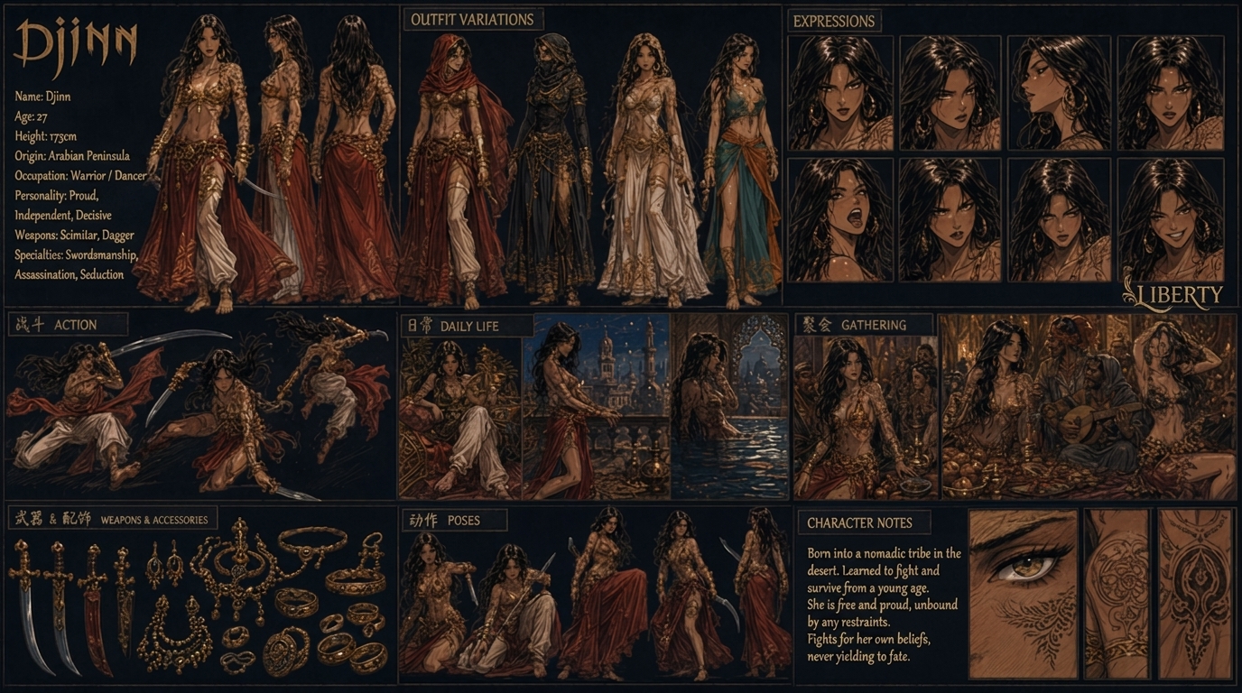 AAA character design sheet 'Djinn' for a project codenamed LIBERTY — Arabian warrior-dancer with seven outfit variations, expression strip, action poses, weapons & accessories breakdown, daily life vignettes, character notes panel.