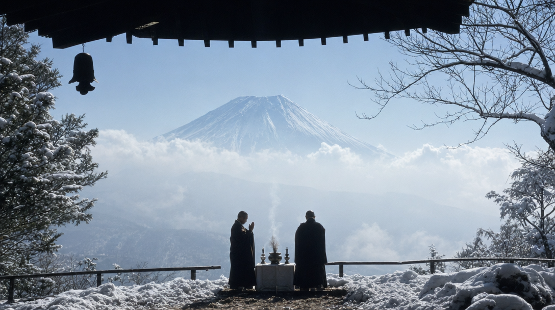 Two robed figures kneeling in silent meditation at a snow-covered shrine pavilion, Mt. Fuji rising through morning mist on the horizon, hanging brass bell in foreground, painterly cinematic composition.