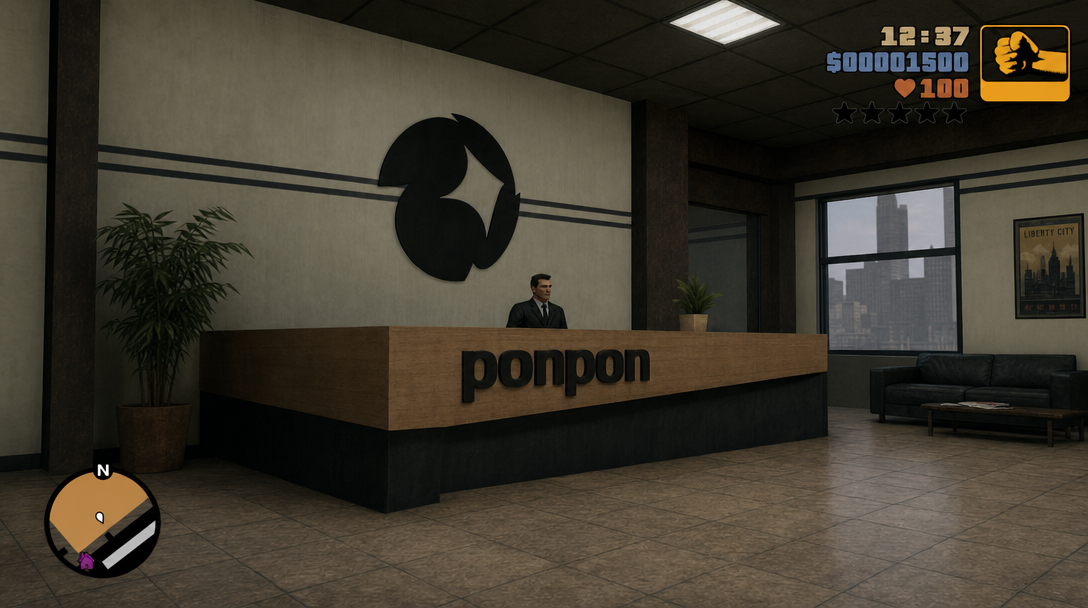 GTA III–era 3D office lobby with the PonPon logo above the receptionist desk, Pac-Man-style player character standing in the foyer, top-right HUD showing score 5000150 and a $150 cash readout, classic 2001 PS2 aesthetic.