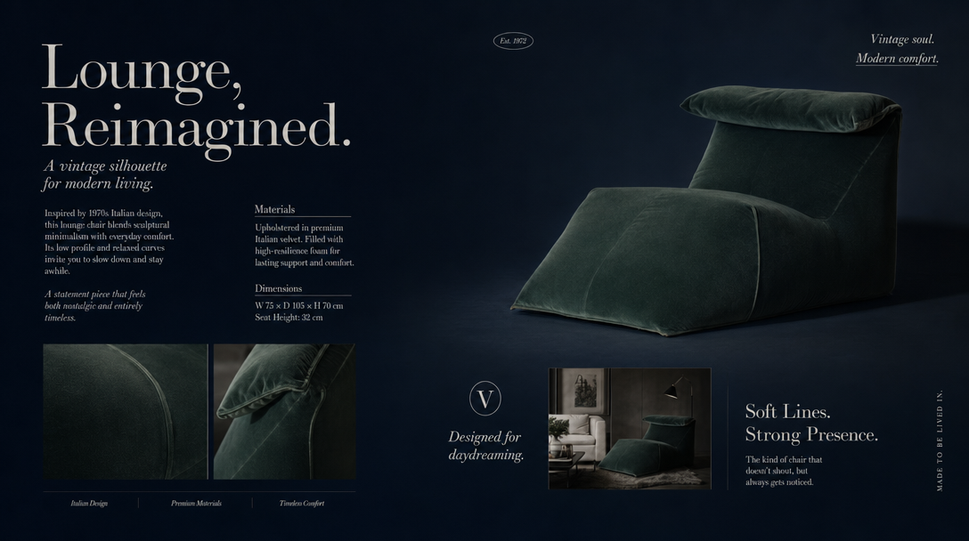Architectural-digest brand layout 'Lounge, Reimagined' — emerald velvet curved lounge chair as hero, three close-up tile crops on quilting/feet/seam detail, dark navy editorial spread typography, soft museum lighting.