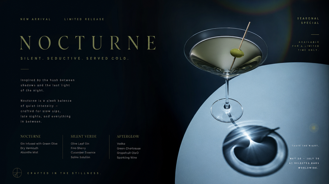 Premium cocktail product spec sheet 'NOCTURNE — Silent Seductive Sereno Cold' — backlit martini glass with a single olive, dark-mode editorial layout with notes/ingredients/accessories columns, Scandi minimalism.