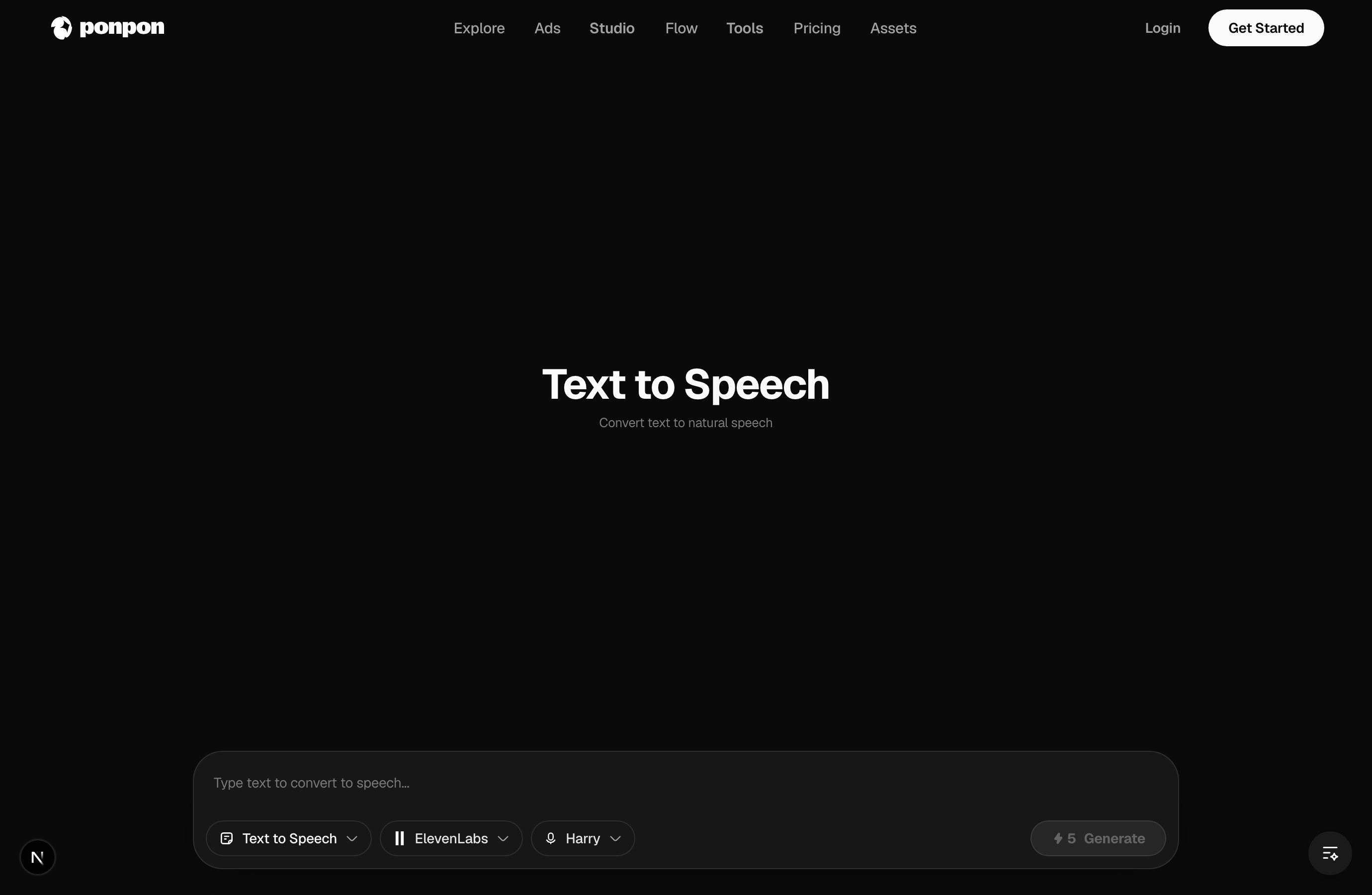 The PonPon audio studio in Text to Speech mode — the composer bar holds the mode selector, the voice provider (ElevenLabs), the voice (Harry), and Generate.