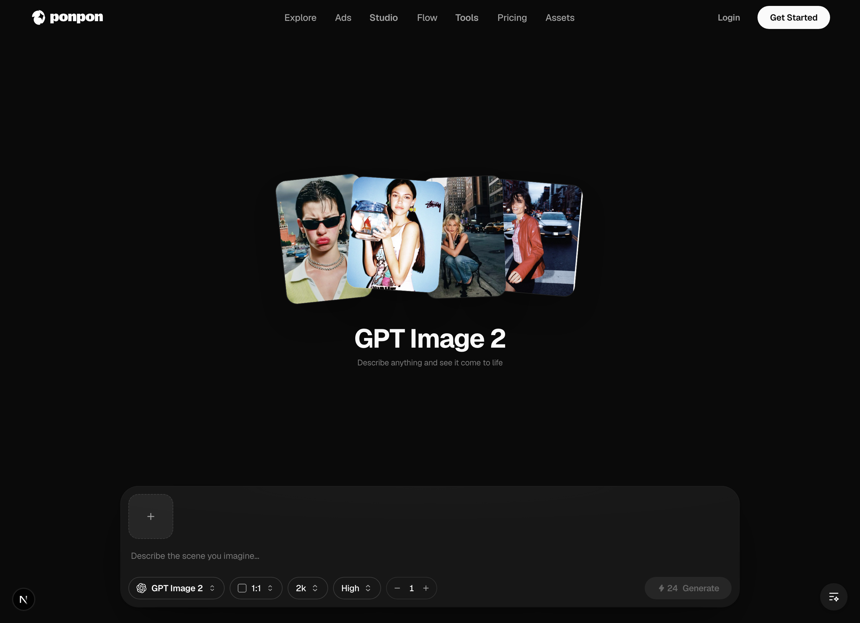 The PonPon image generator — the prompt bar along the bottom holds the model picker (GPT Image 2), aspect ratio, resolution, quality, and count, with Generate showing the credit cost.