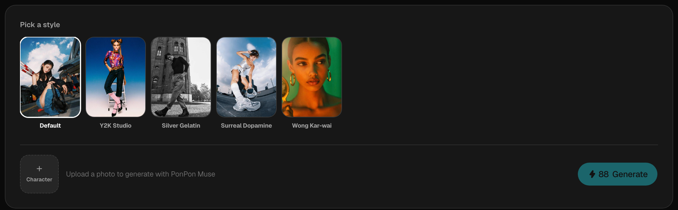 PonPon Muse — upload a photo with the + Character button, pick one of the curated styles, and Generate.